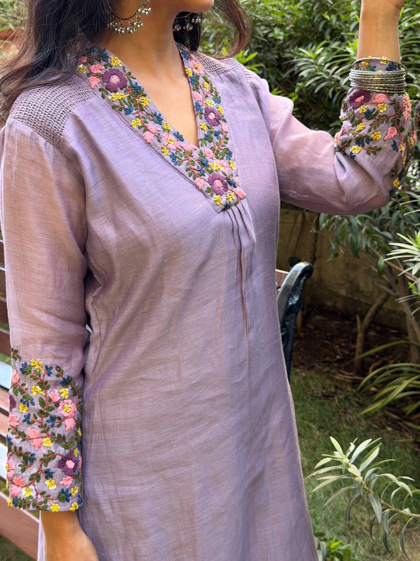 A0594 lavender mul chanderi coord set with lace & hand embroidery detailing