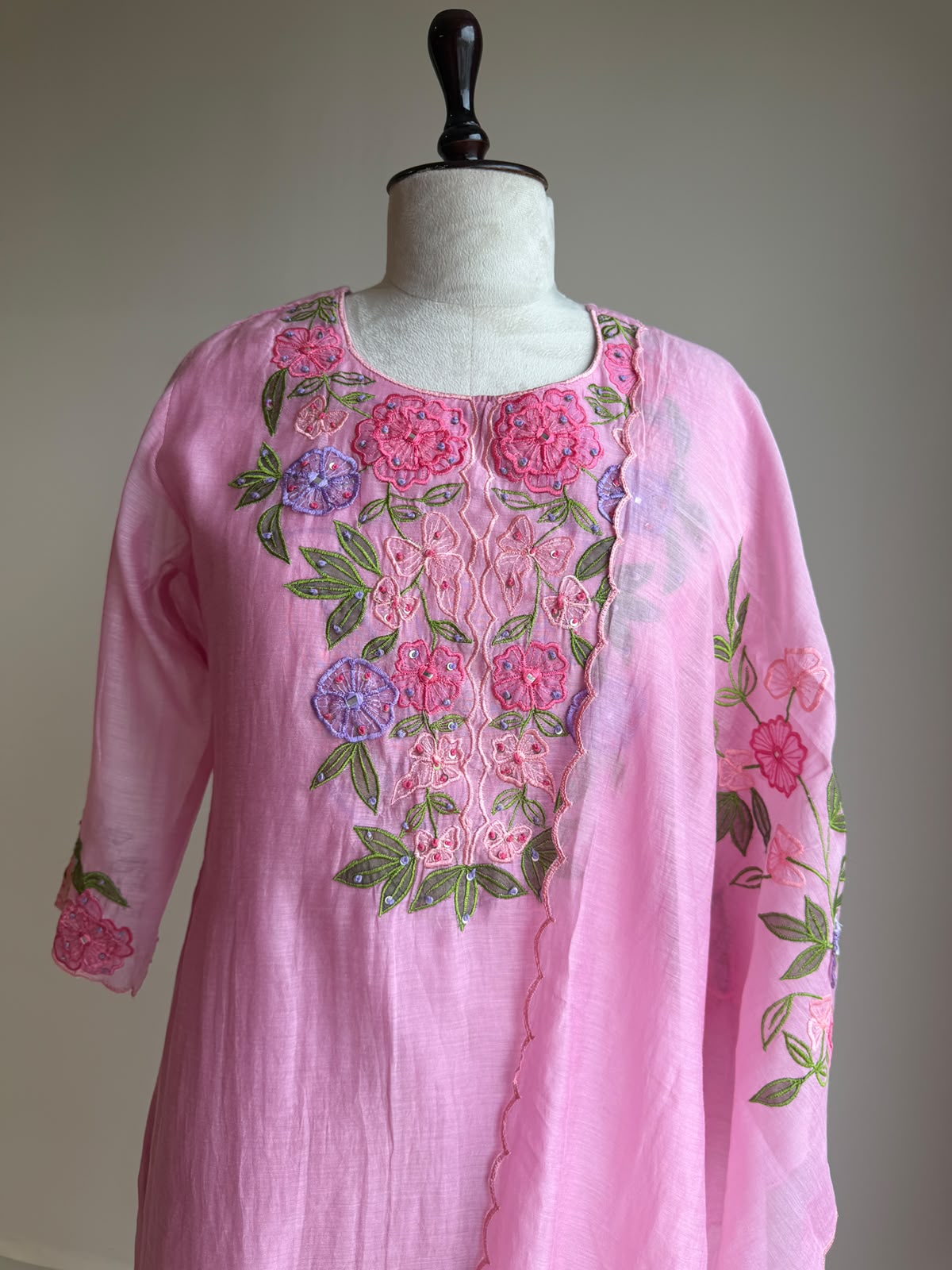 A0846 pink mul chanderi applique 3 piece dress