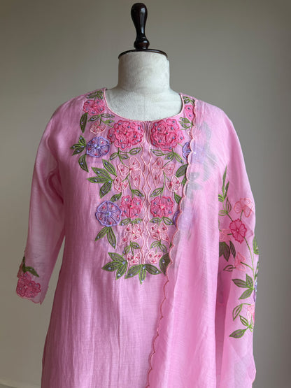 A0846 pink mul chanderi applique 3 piece dress