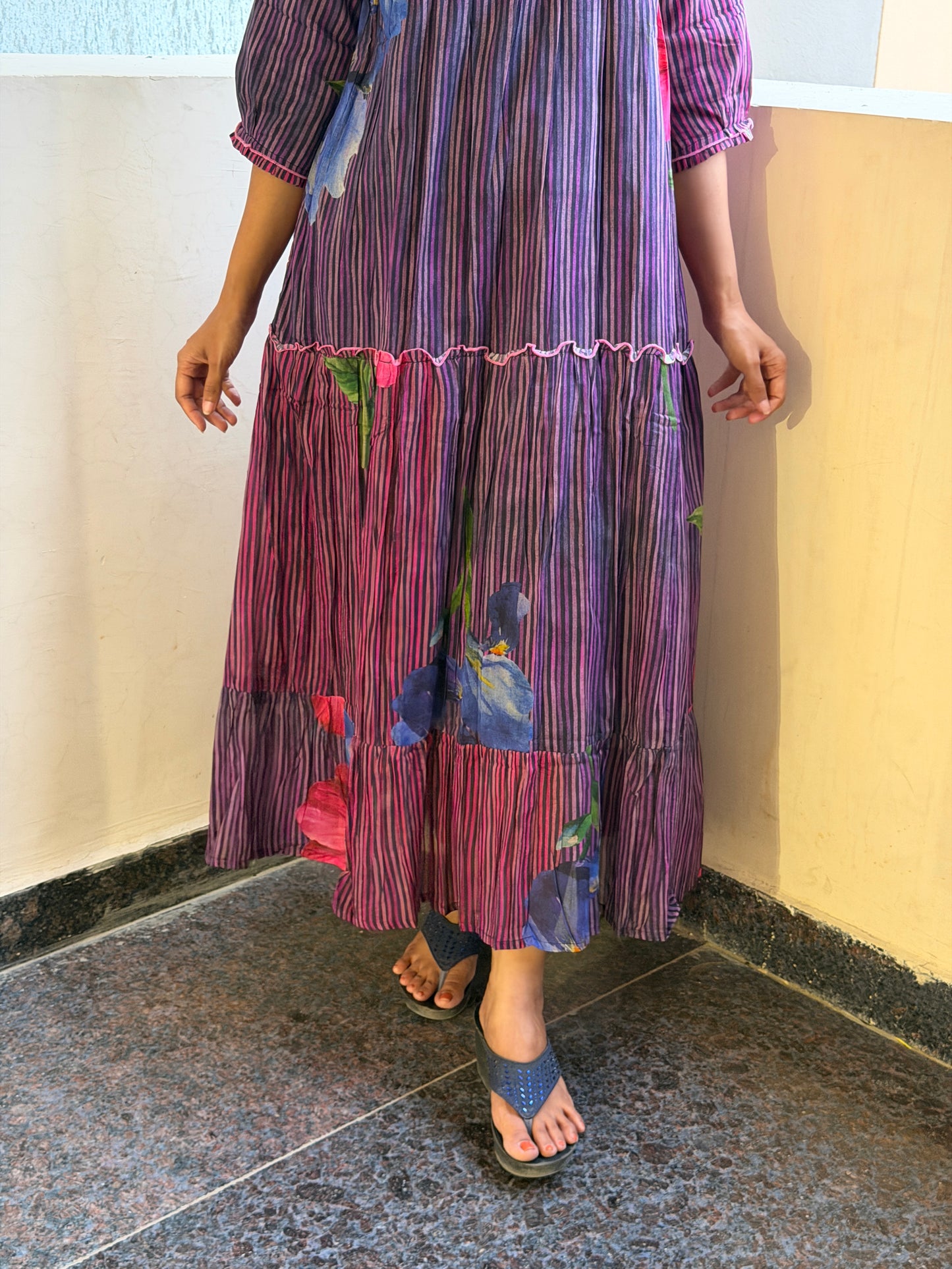 A0762 strips Mul cotton dress in blue and pink