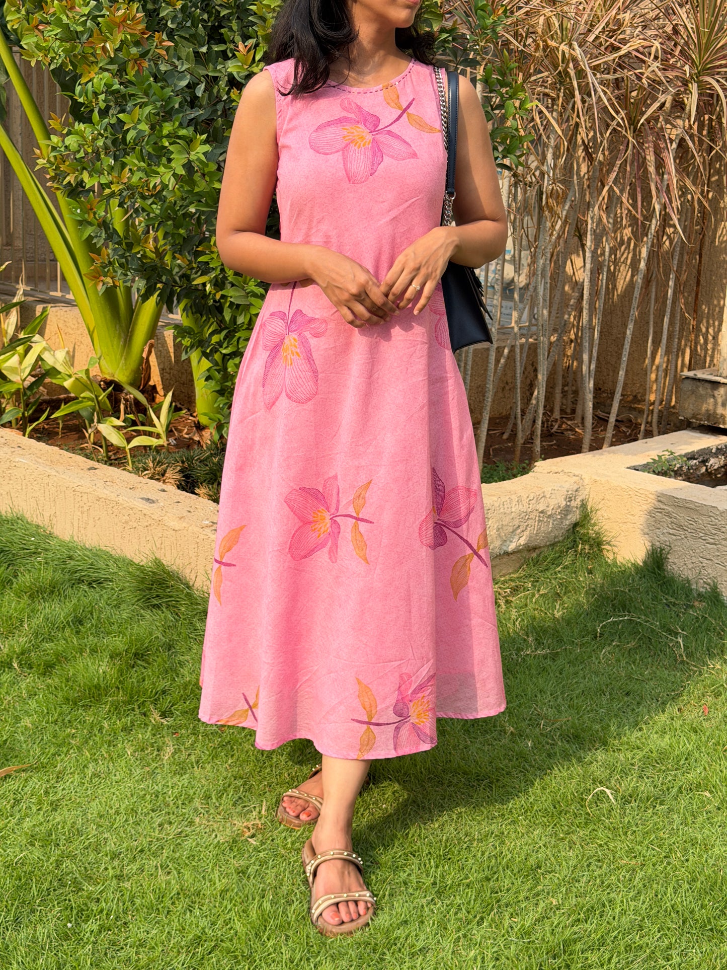 A0748 pink Mul cotton digital printed floral A-Line dress