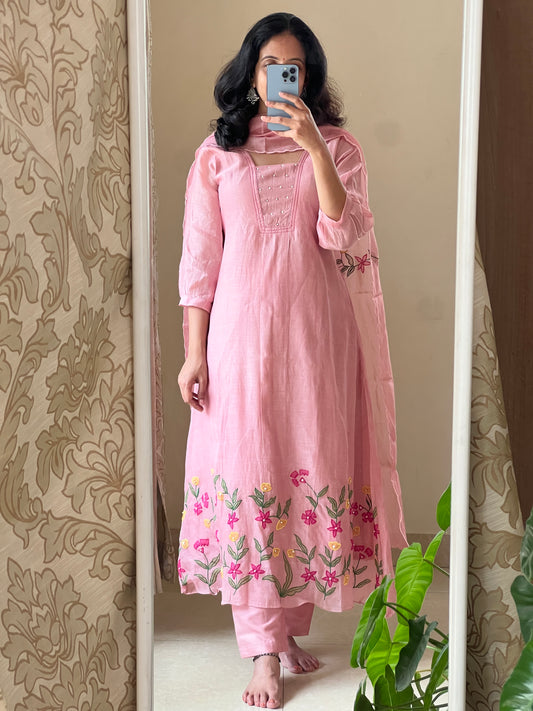 A0420 nude pink mul chanderi 3 piece dress with applique work embroidery