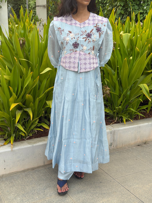 A0764 Mul Chanderi Powder blue 3pc set with khali top, pants and coat