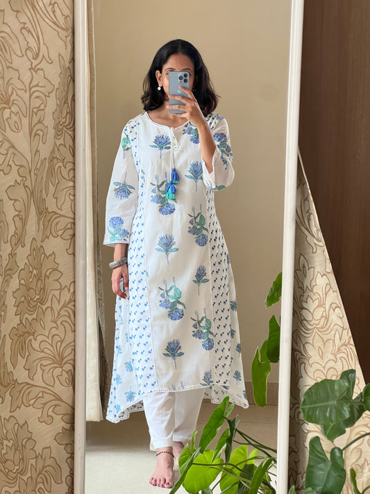 A0447 white & blue mul cotton digital floral printed 2 piece dress comes with complete attached lining