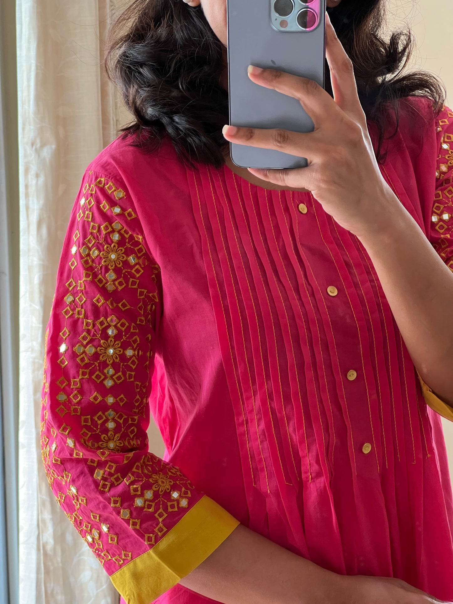 A0475 pink cotton 2 piece dress with yellow embroidery on hands