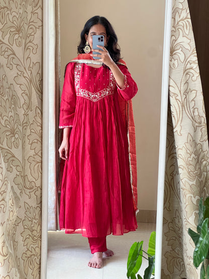 A0471 red mul chanderi 3 piece set with zardosi hand embroidery detailing on yoke part