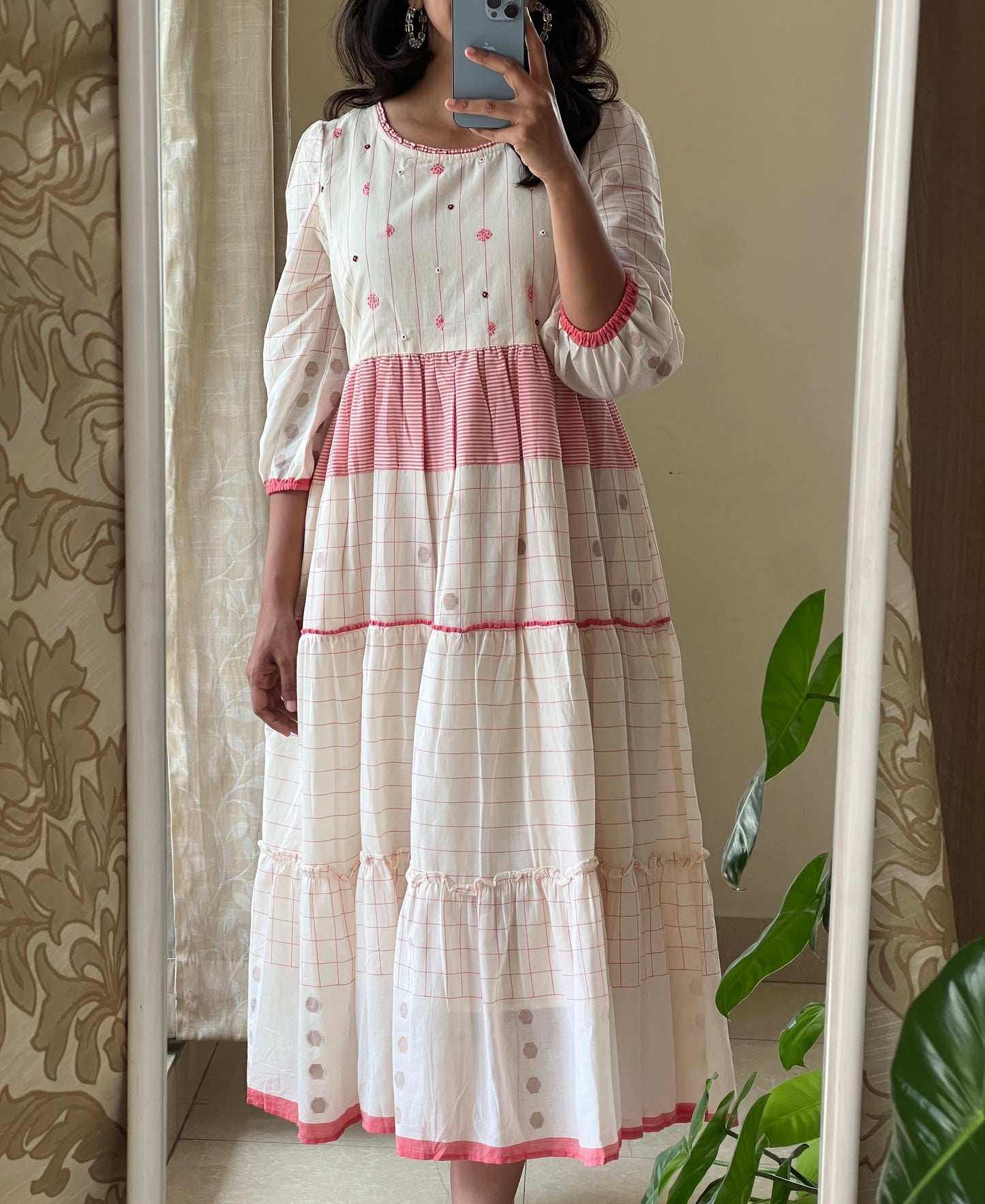A0520 white & red Bengal cotton jamdani one piece dress with hand embroidery detailing on yoke part