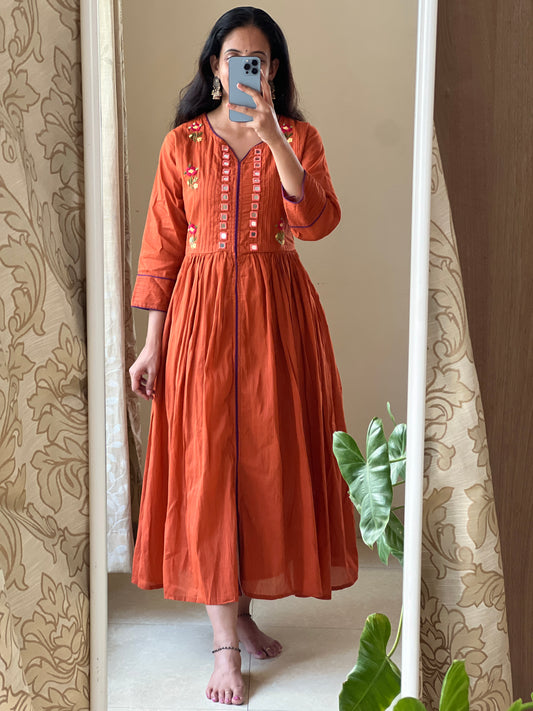 A0396 rust Mulmul one piece dress with hand embroidery & mirror work detailing