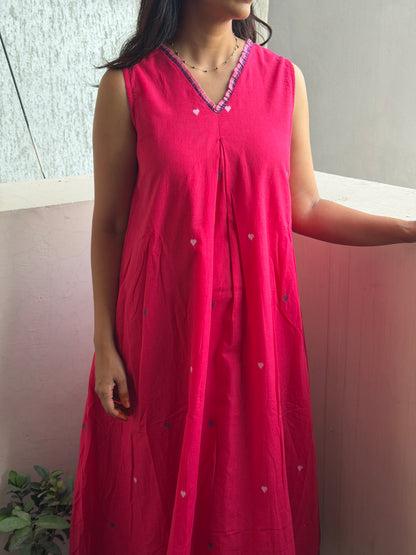 Hot pink Jamdani dress with hearts weave, double layer dress
