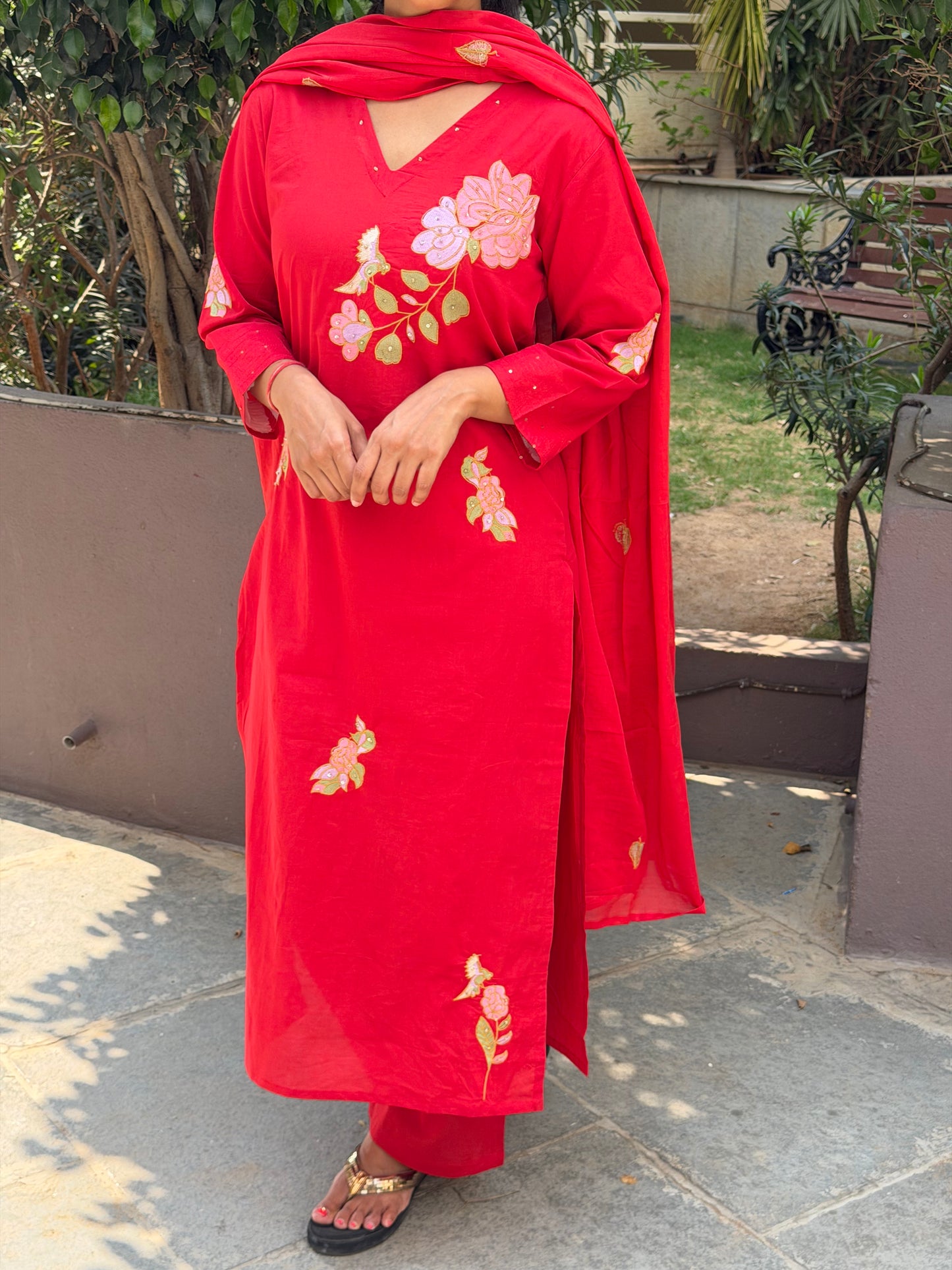 A0717 Pure cotton 3pc set with applique work and embroidery detailing