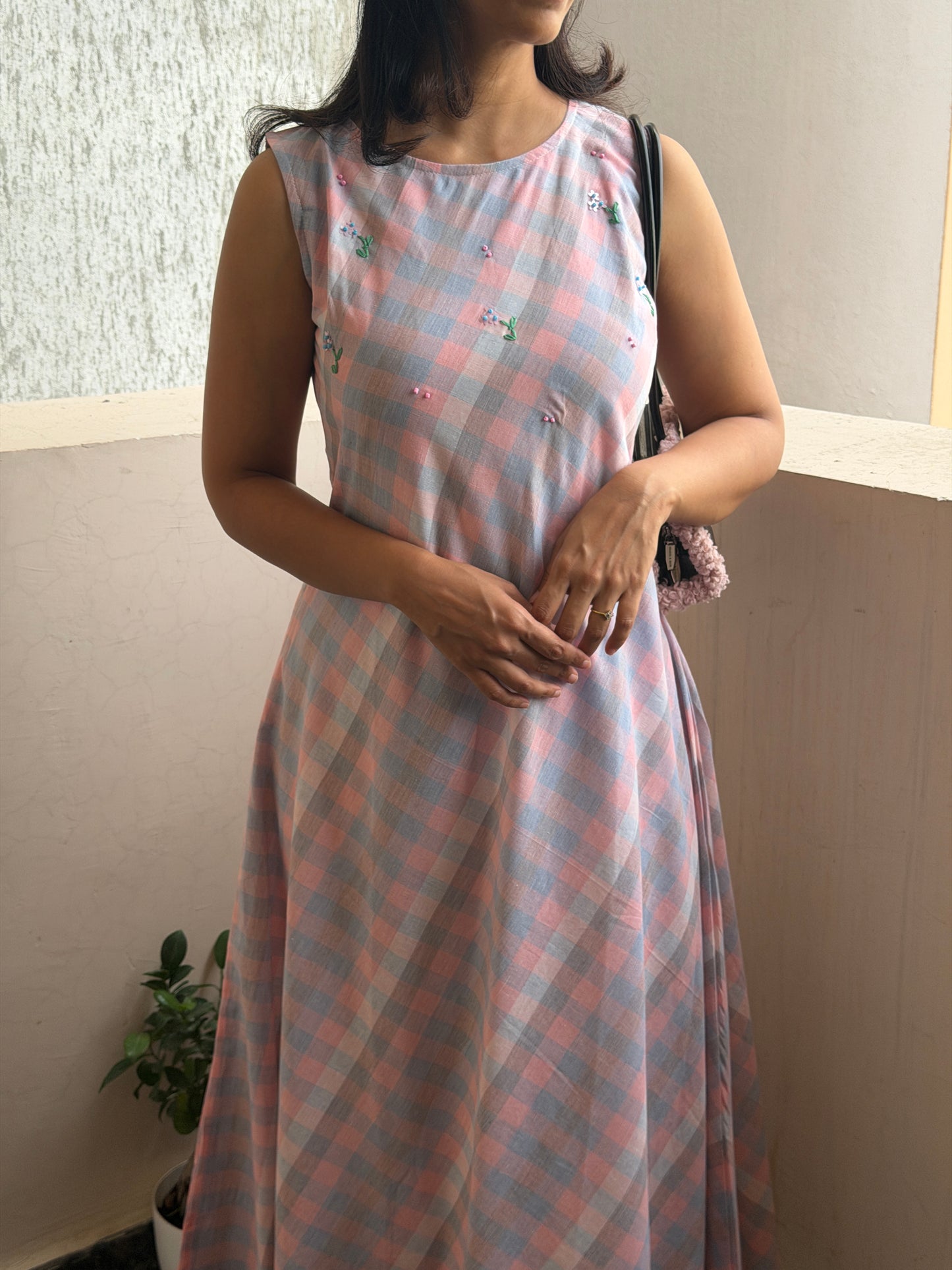 A0775 The checkmate. Mul cotton nude palette checks A-line dress.