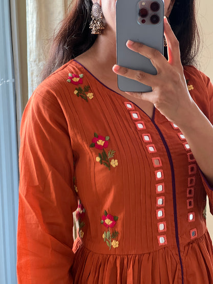 A0396 rust Mulmul one piece dress with hand embroidery & mirror work detailing
