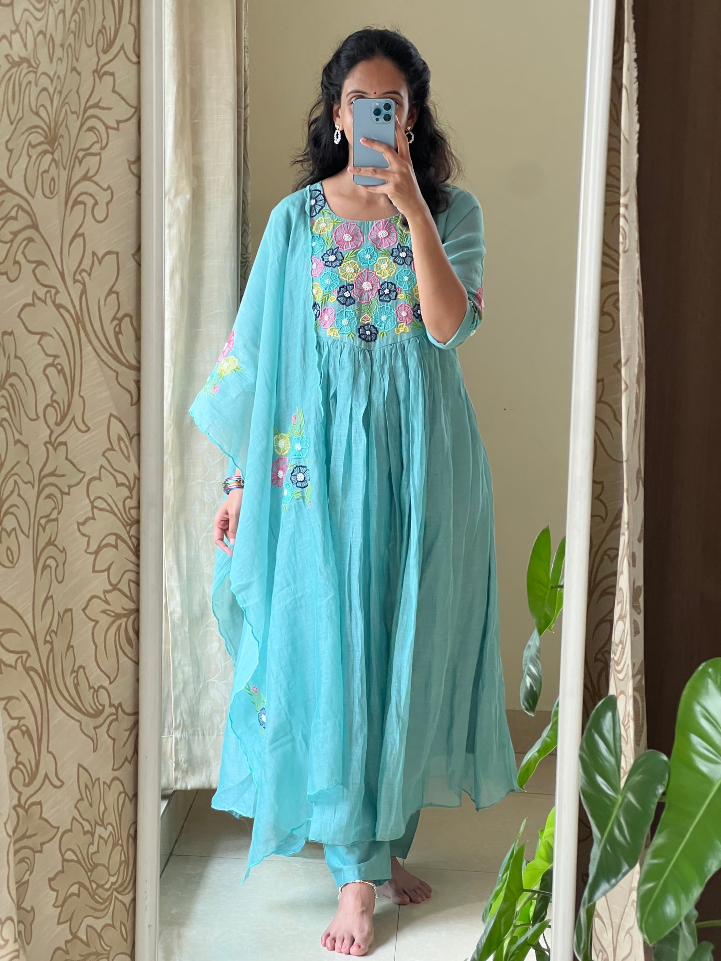 A0521 firozi blue mul chanderi 3 piece dress with multi colour threads floral embroidery all over the yoke & duppatta