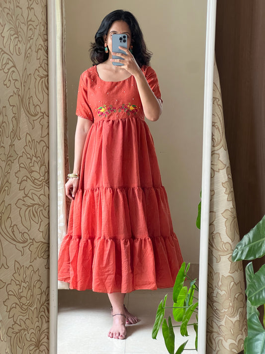A0463 rust kota frock with birds hand embroidery detailing