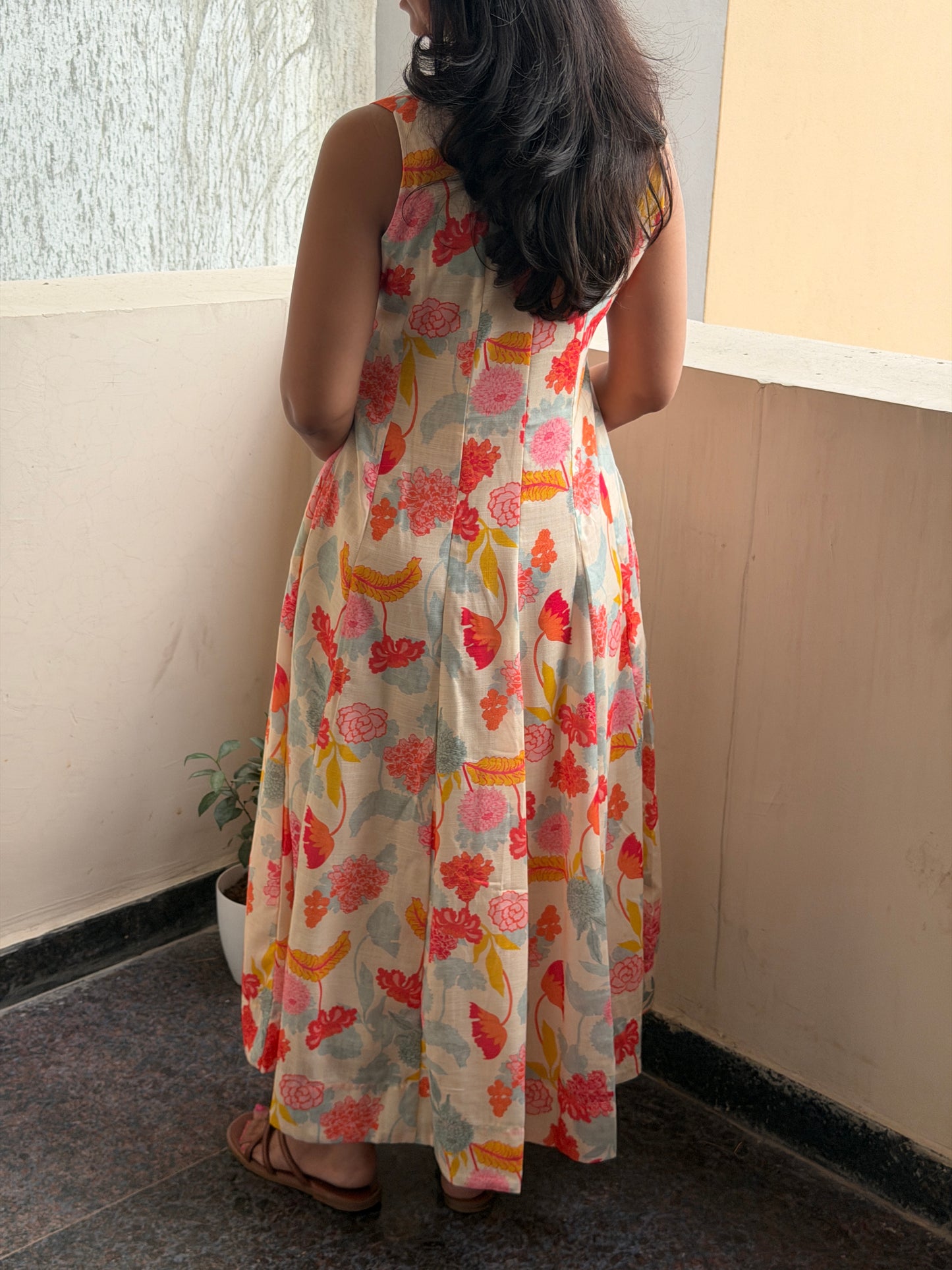 A0767 cream Lenin floral one piece dress comes with lining inside & 3/4th sleeves inside. (Dispatch time one week from 5th June)
