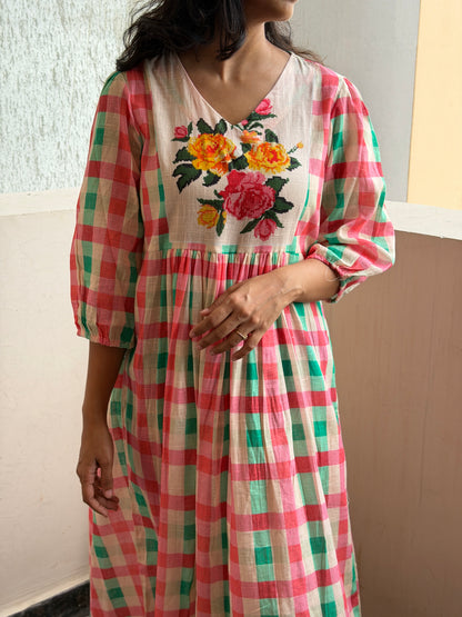 A0747 pink checks slub cotton one piece dress with floral digital print on yoke part