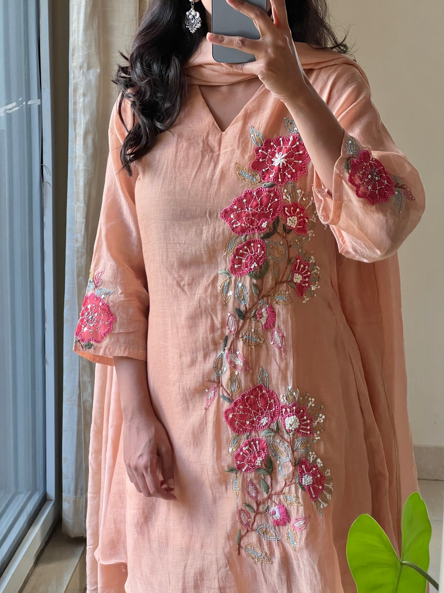 A0590 Mulchanderi 3pc set with complete hand embroidery detailing, comes with palazzo pants and duppata