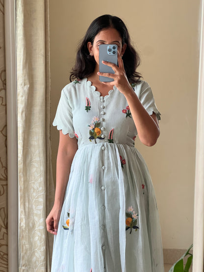 A0493 light sea green Kota one piece dress with embroidery detailing all over the dress