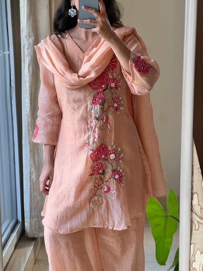 A0590 Mulchanderi 3pc set with complete hand embroidery detailing, comes with palazzo pants and duppata