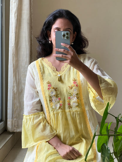 Yellow Sun flower Pure Kota cotton dress comes with printed cotton lining