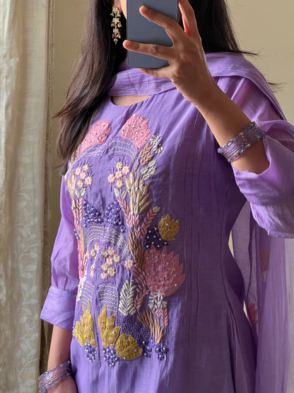 A0582 purple mul chanderi 3 piece dress with applique work embroidery over the yoke part & butties all over the dupatta