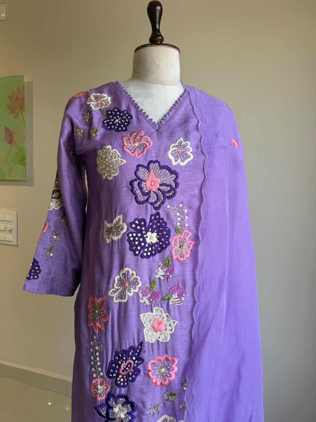 A0856 lavender Dola silk applique work 3 piece dress