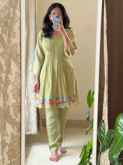 A0528 green mul chanderi coord set hand embroidery detailing at bottom & hands
