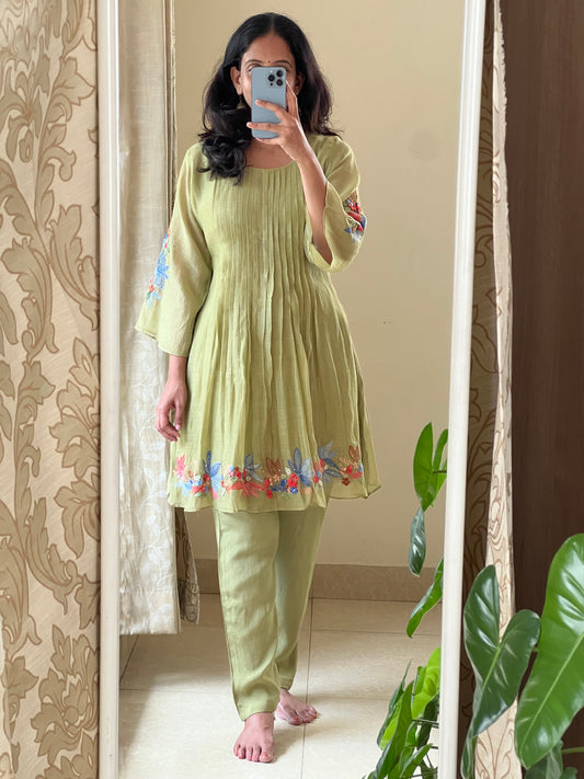 A0528 green mul chanderi coord set hand embroidery detailing at bottom & hands
