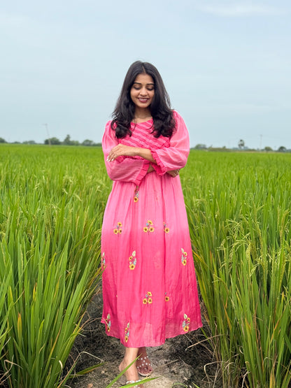 A0539 Pink Bloom 🌸 mul chanderi shaded one piece dress with floral embroidery and different yoke part