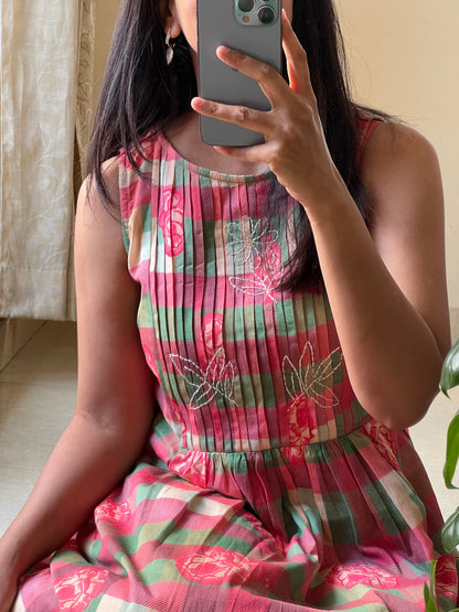 A0571 red premium handloom cotton checks & florals with hand embroidery detailing on yoke part