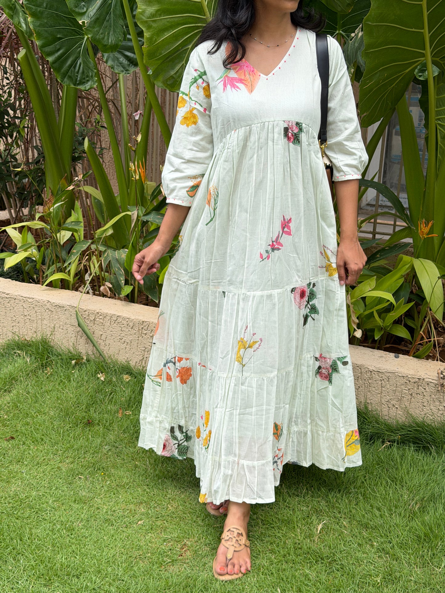 A0741 Pistachio Mul cotton 3 tiered dress with multi colour floral design