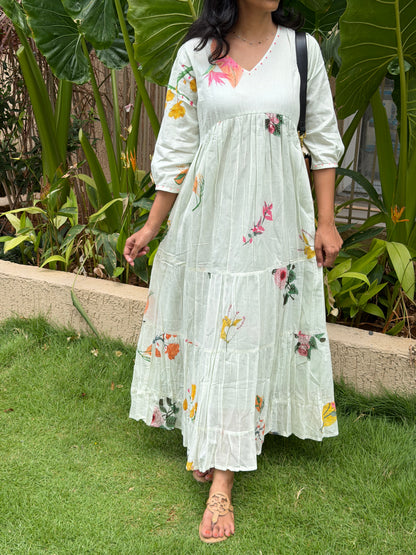A0741 Pistachio Mul cotton 3 tiered dress with multi colour floral design
