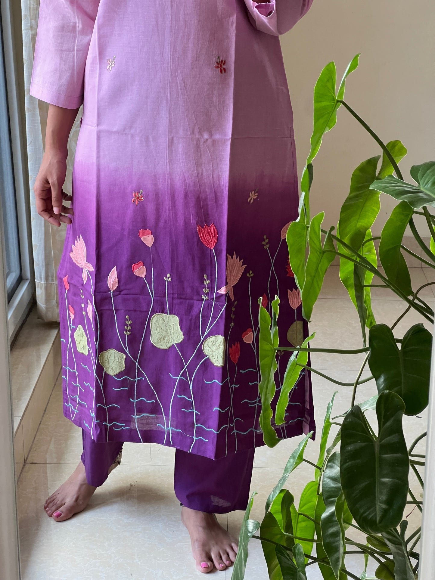 A0163 Mulmul shaded two piece set with lotus pond applique work