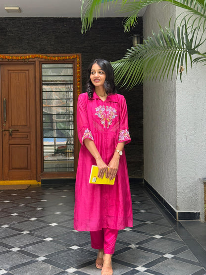 A0384 Premium mul Chanderi 2 piece set with hand embroidery and pearls work detailing