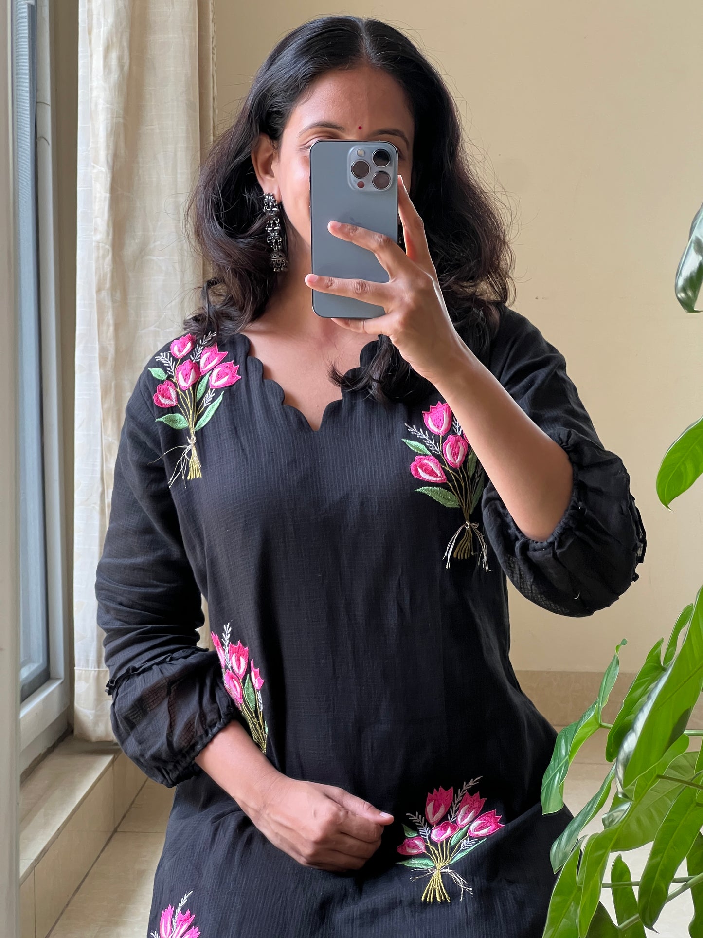 A0517 black cotton kota one piece dress with flower bunch embroidery all over the dress