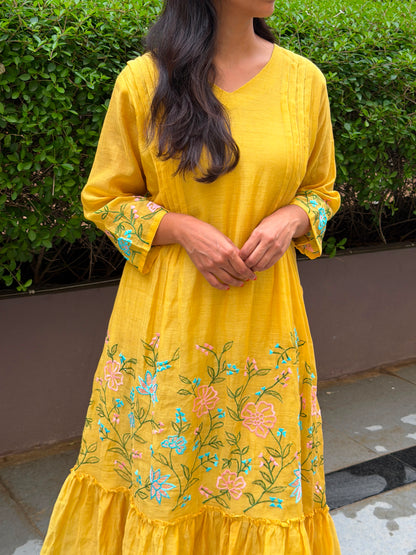 A0822 mustard mul chanderi one piece dress