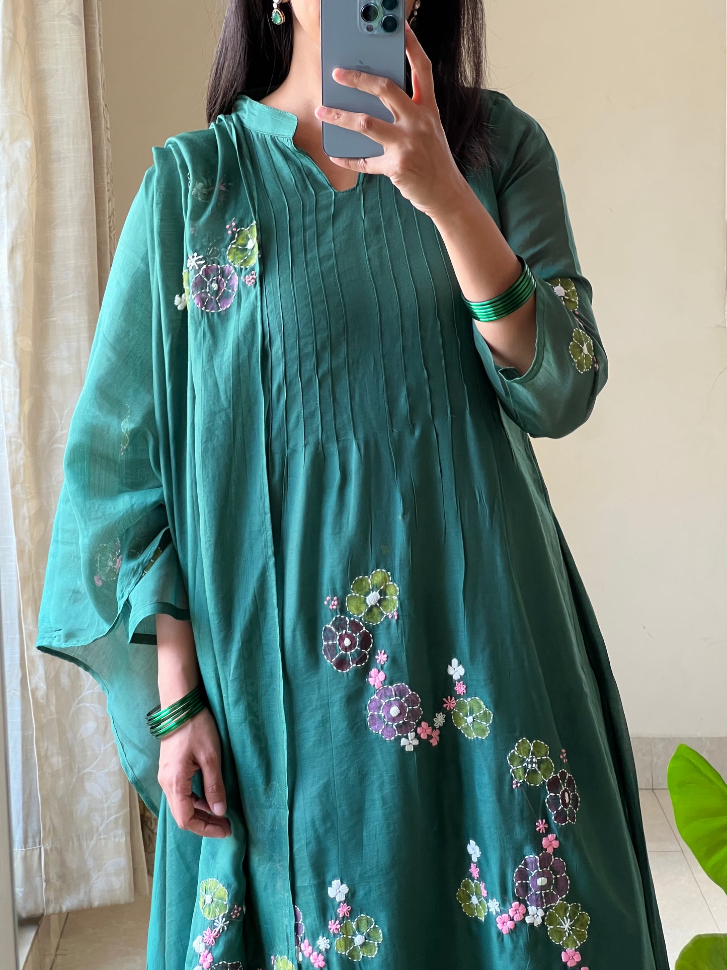 A0560 green Mul chanderi 3 piece dress with hand embroidery & hand paint detailing
