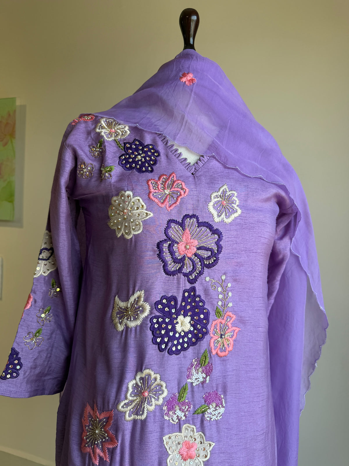 A0856 lavender Dola silk applique work 3 piece dress