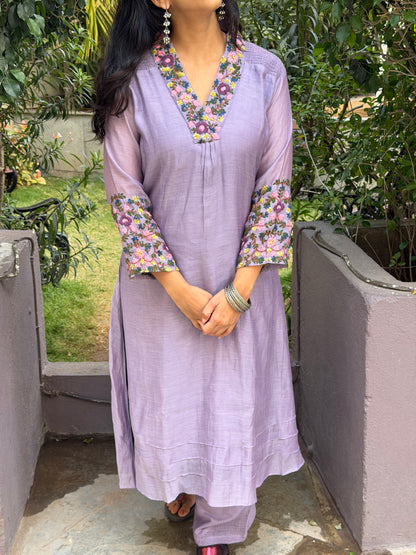 A0594 lavender mul chanderi coord set with lace & hand embroidery detailing
