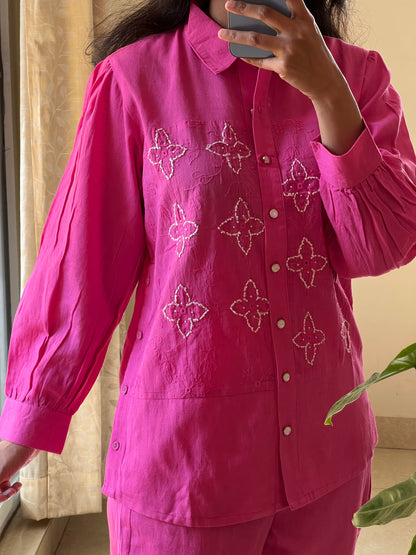 A0310 pink cotton coord set with machine and hand embroidery detailing