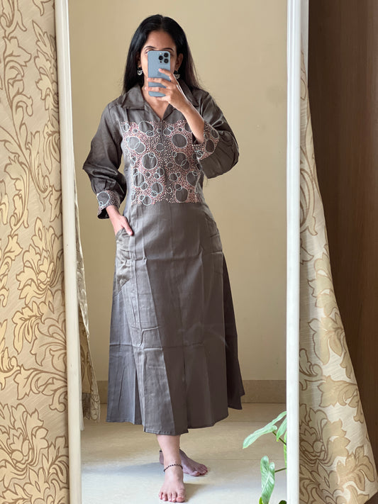 P014 green premium modal cotton one piece dress with hand embroidery detailing