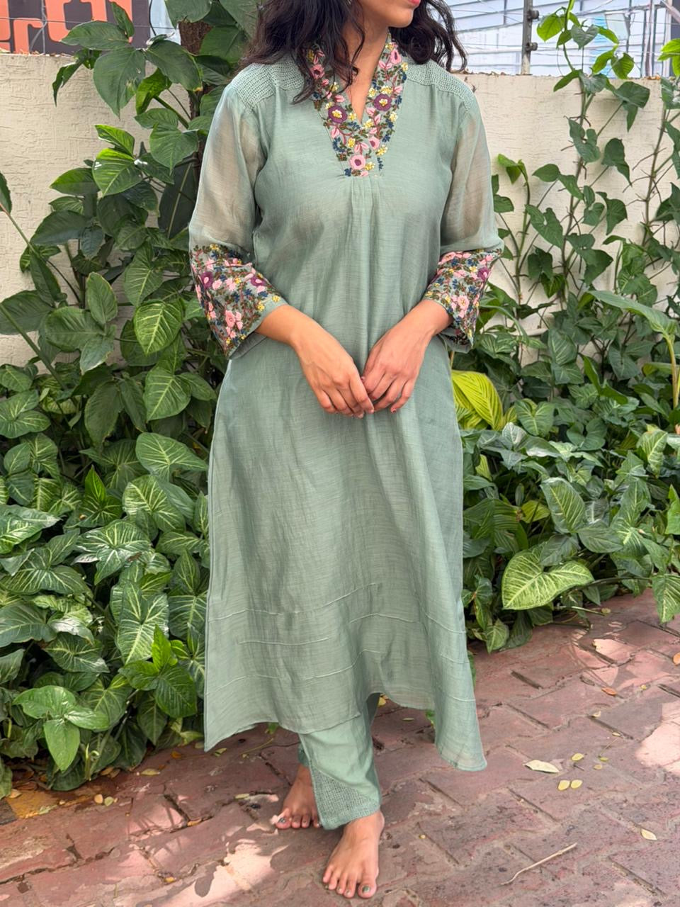 A0619 green Mul chanderi coord set with hand embroidery & lace detailing