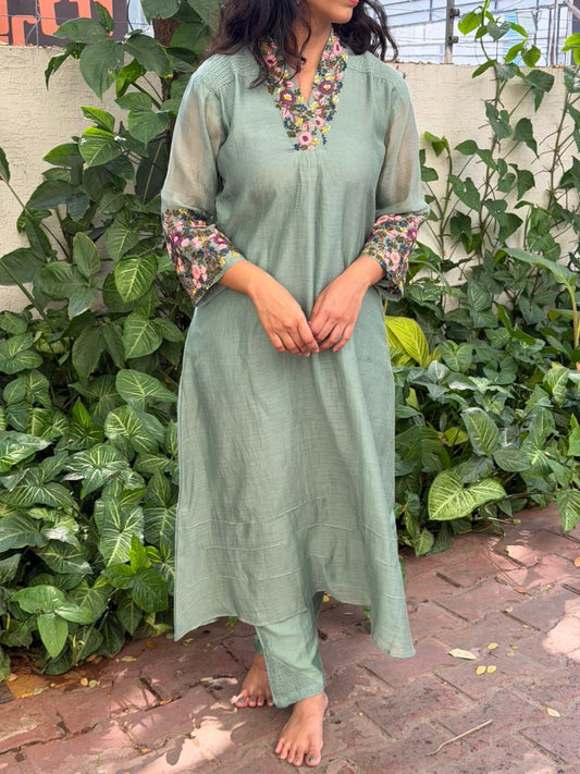 A0619 green Mul chanderi coord set with hand embroidery & lace detailing