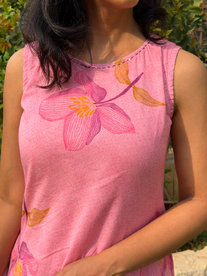 A0748 pink Mul cotton digital printed floral A-Line dress