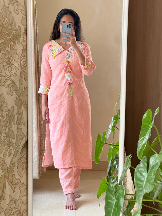 A0056 premium cotton Co ord set with applique work detailing