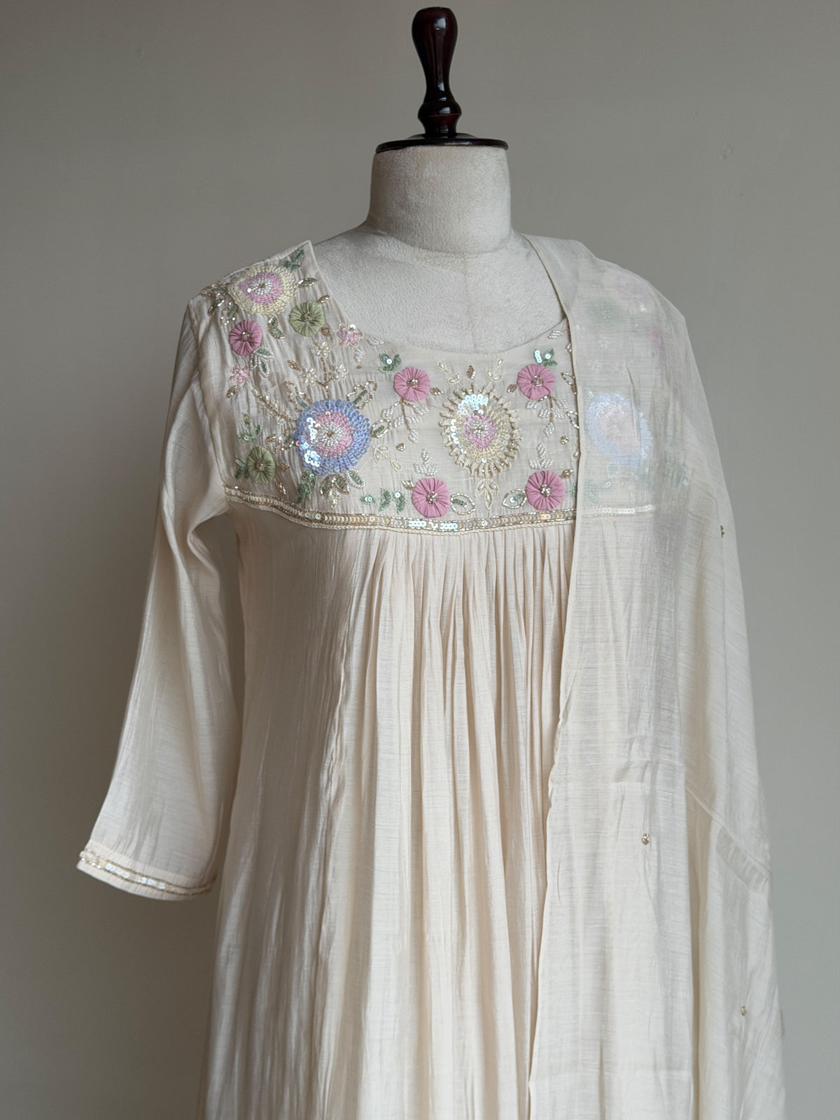 A0843 cream mul chanderi hand embroidery 3 piece dress
