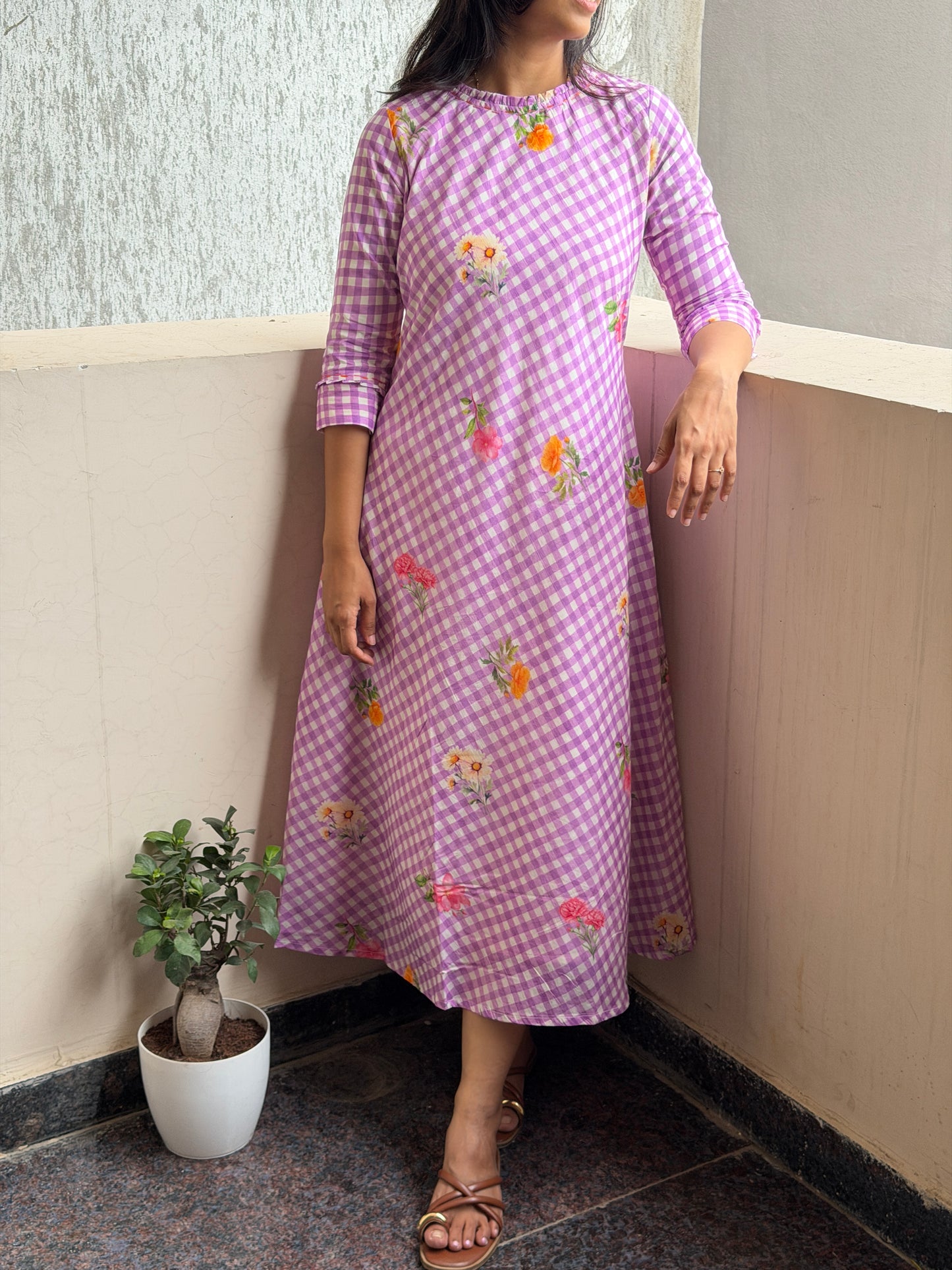 A0793 Lavender Checks!! With back tie up style