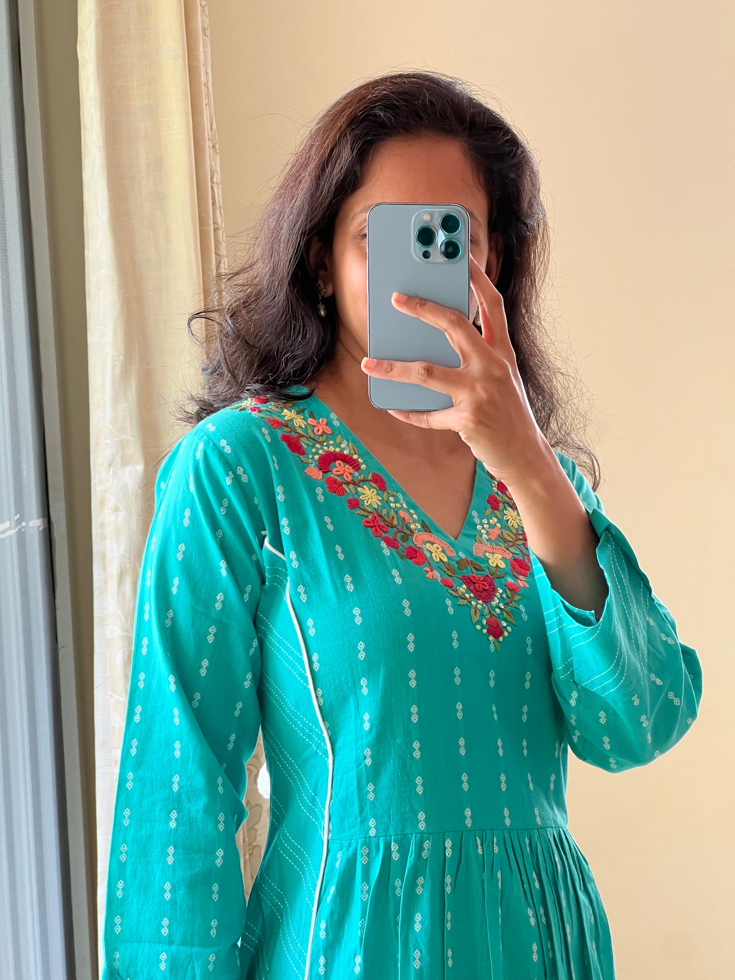 1107 green Handloom cotton weave one piece dress with hand embroidery