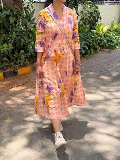 A0728 Mul cotton cute pink checks floral dress