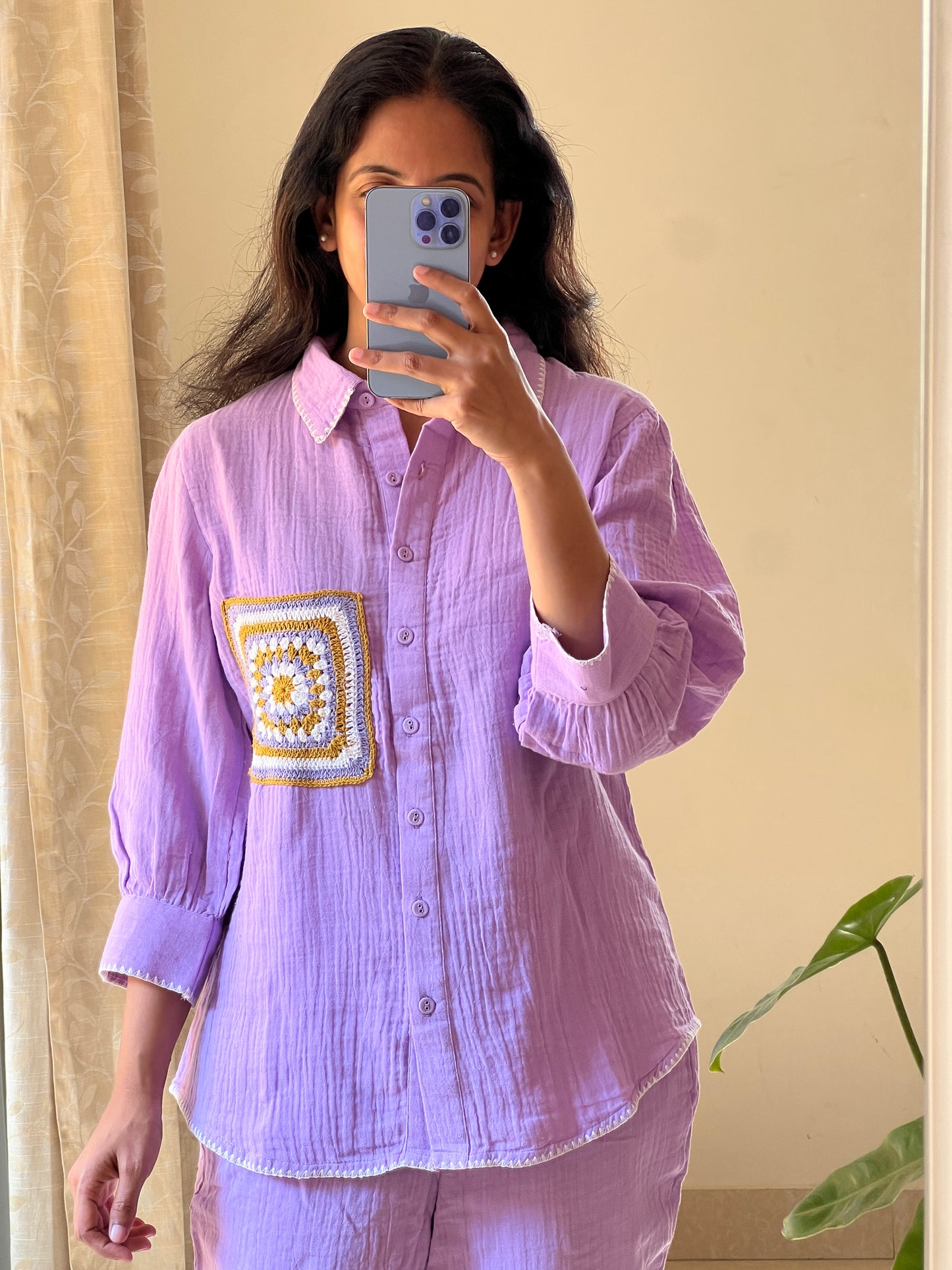 A0315 lavender crushed cotton coord set with crochet lace patch work detailing